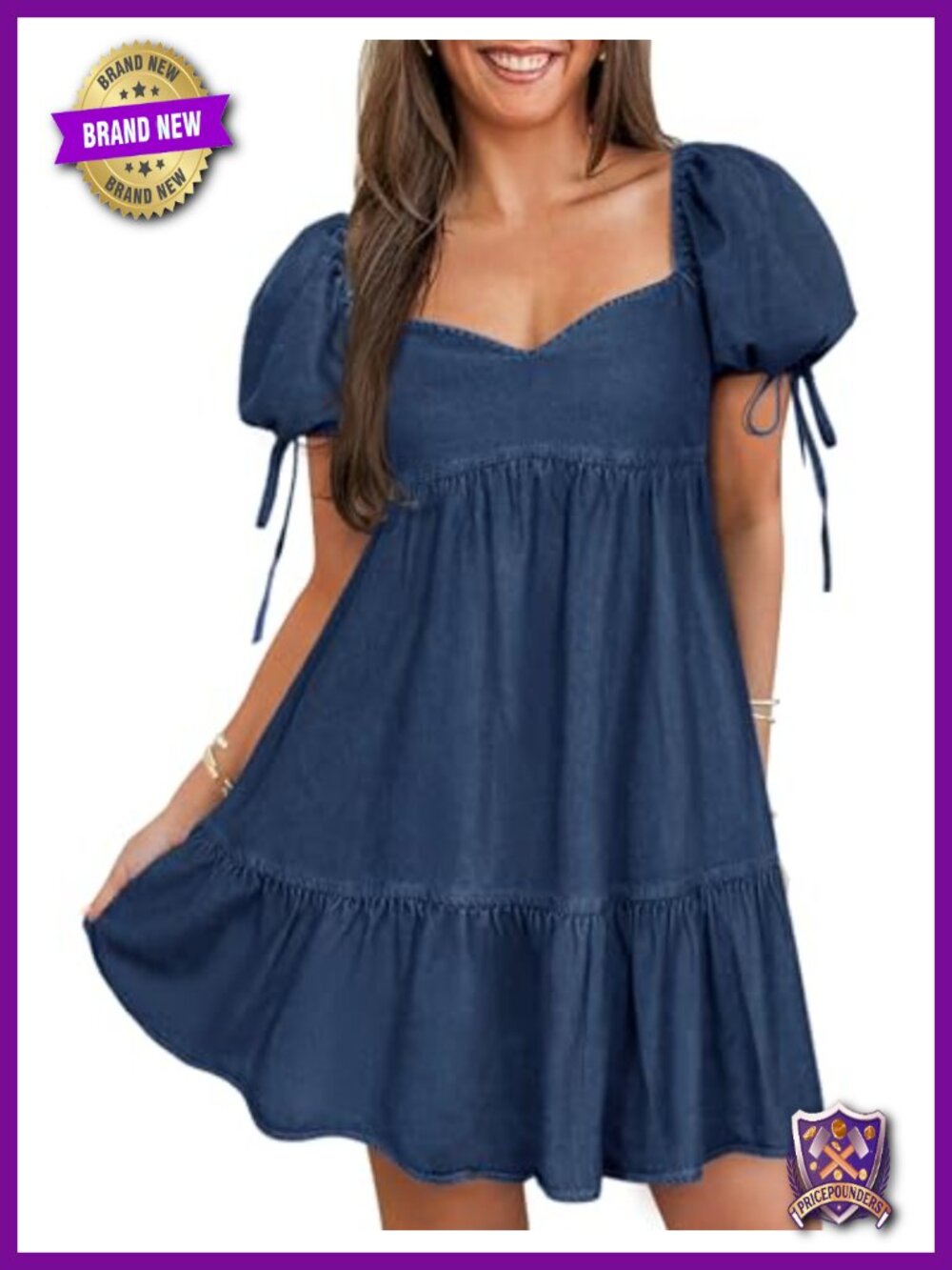 Cotton Denim Mini Dress with Puff Sleeves Sweetheart Neck A-Line